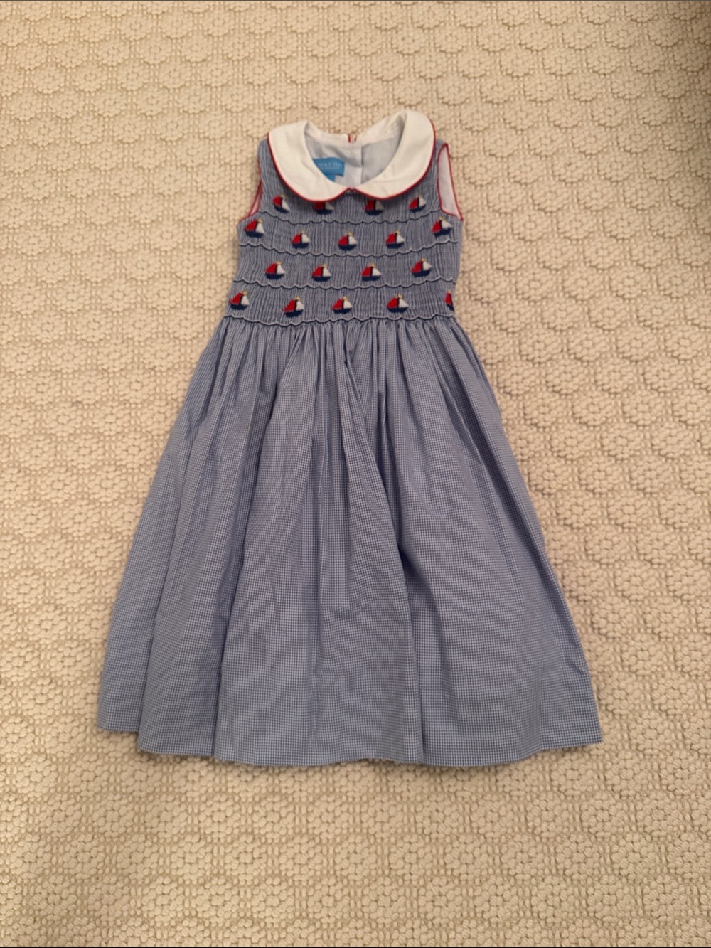Anavini Blue Dress w/White Peter Pan Collar and Red Sailboat Smocking